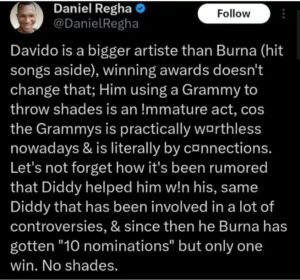 “Davido is a bigger artist than Burna Boy” – Daniel Regha reacts to Burna Boy’s shade