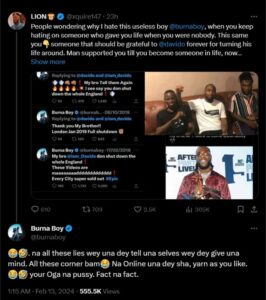 “He is a pu$$y” – Burna Boy shades Davido after a fan reminded him of how Davido supported him till he became someone in life
