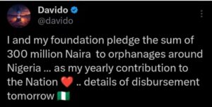 Davido set to donate the sum of N300M to orphanages around Nigeria
