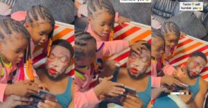 “You did a very good job” – Dad lauds twin daughters as they practice their make up skills on him