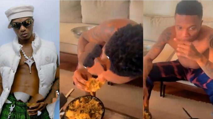 “Eba & Egusi don finish me oh” – Wizkid Cries for help after eating Eba & Egusi, Video Goes Viral