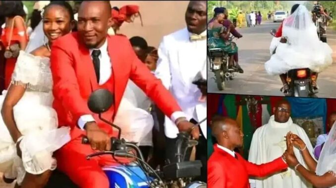 “Life no suppose hard” – Adorable moment bride and groom arrive church on a bike